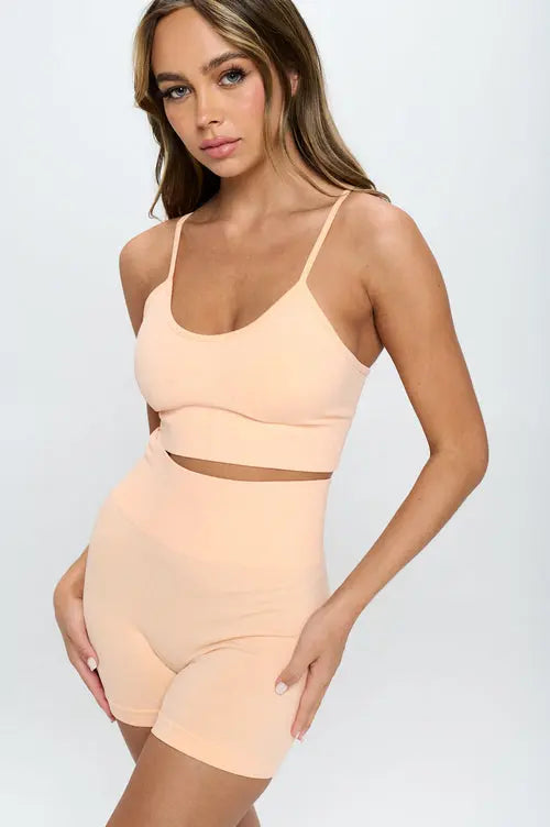 2 Piece Seamless Sleeveless Crop Top  Biker Shorts Set Apricot Andromeda