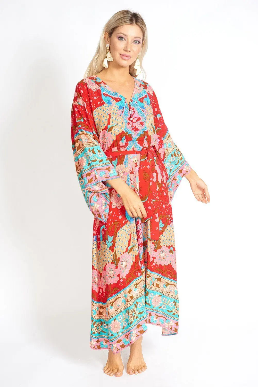 Ayaka Peacock Floral Maxi Kimono Style Dress Azure Thanatos