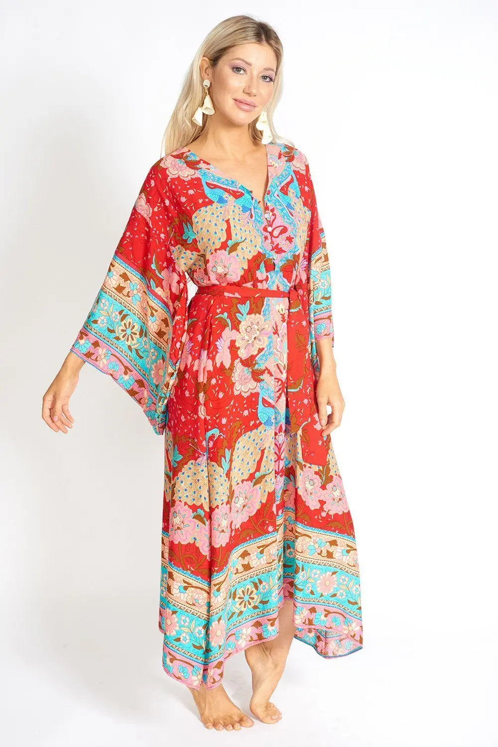 Ayaka Peacock Floral Maxi Kimono Style Dress Azure Thanatos