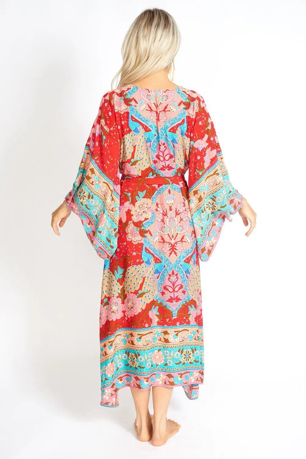 Ayaka Peacock Floral Maxi Kimono Style Dress Azure Thanatos