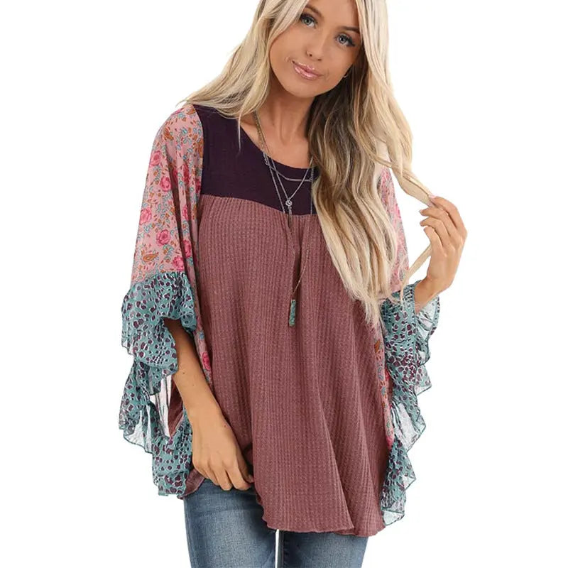 Batwing Sleeve Boho Waffle Top Silver Sam