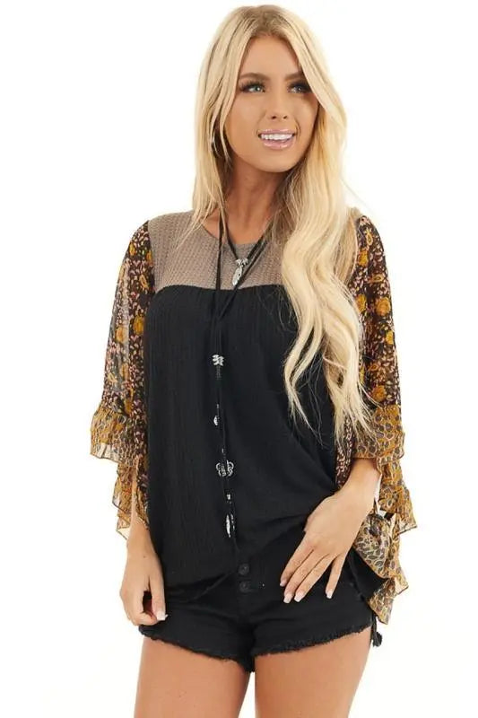 Batwing Sleeve Boho Waffle Top Silver Sam