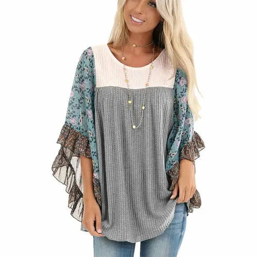 Batwing Sleeve Boho Waffle Top Silver Sam