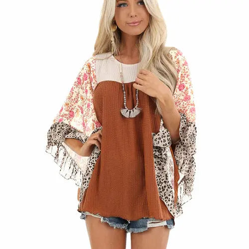 Batwing Sleeve Boho Waffle Top Silver Sam