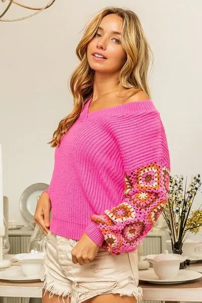 BiBi V-Neck Crochet Long Sleeve Sweater - Nestled Hill