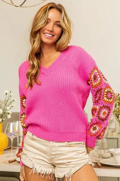 BiBi V-Neck Crochet Long Sleeve Sweater - Nestled Hill