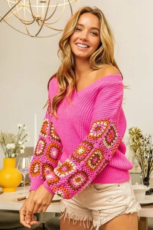 BiBi V-Neck Crochet Long Sleeve Sweater - Nestled Hill