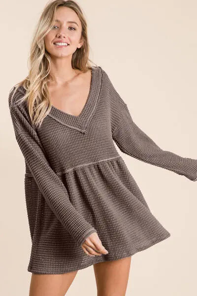 BiBi Waffle Knit V-Neck Babydoll Blouse - Nestled Hill