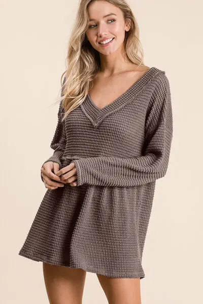 BiBi Waffle Knit V-Neck Babydoll Blouse - Nestled Hill