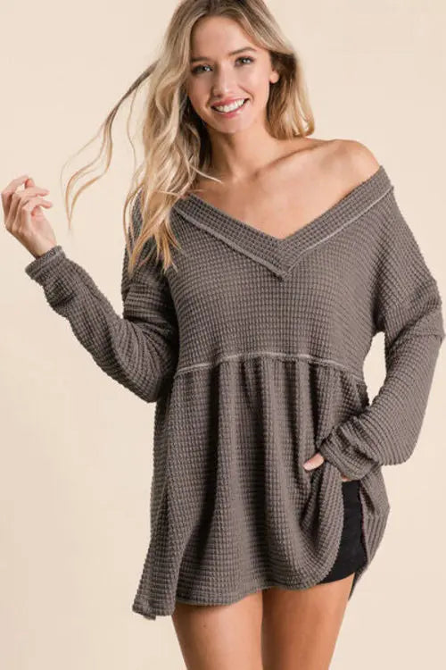 BiBi Waffle Knit V-Neck Babydoll Blouse - Nestled Hill