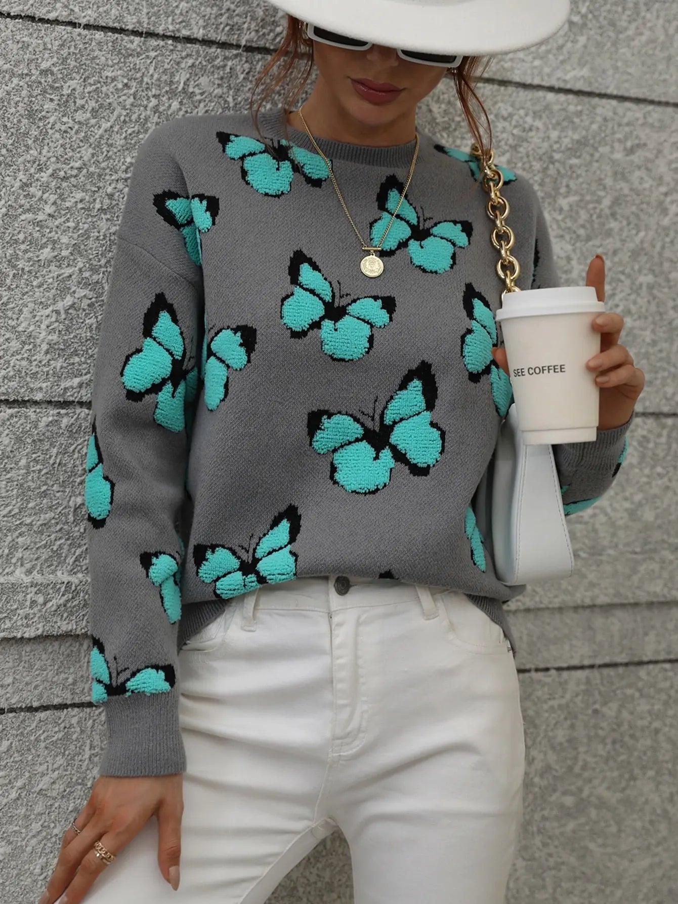 Cartoon Butterflies Knitted Crewneck Silver Sam