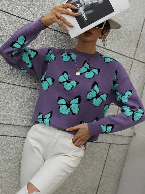 Cartoon Butterflies Knitted Crewneck Silver Sam