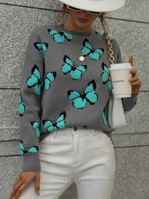 Cartoon Butterflies Knitted Crewneck Silver Sam