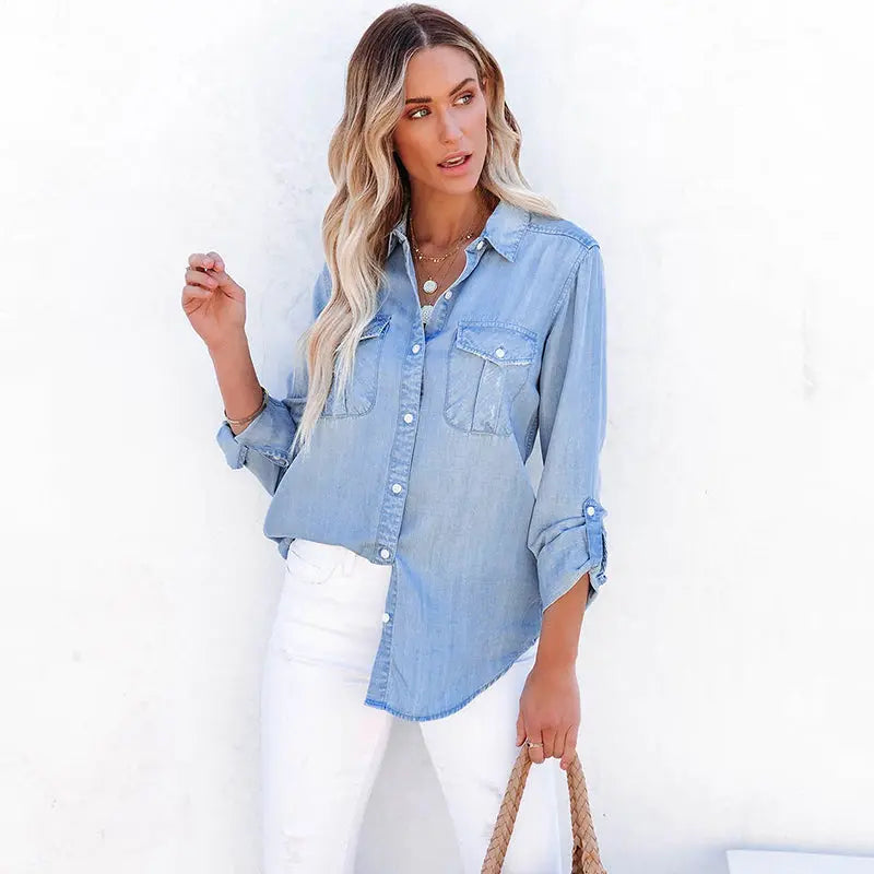 Denim Shirts Long Sleeve Casual Turn-down Collar Blouses - Nestled Hill