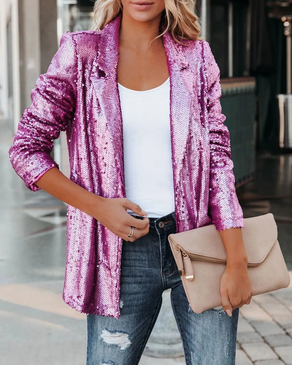 Fashionable Sequin Lapel Casual Blazer Jacket for Women - Nestled Hill