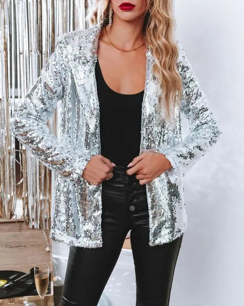 Fashionable Sequin Lapel Casual Blazer Jacket for Women - Nestled Hill