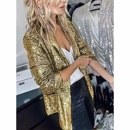 Fashionable Sequin Lapel Casual Blazer Jacket for Women - Nestled Hill