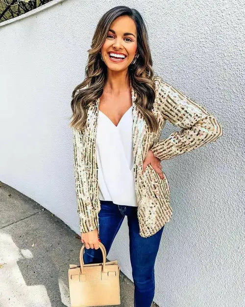 Fashionable Sequin Lapel Casual Blazer Jacket for Women - Nestled Hill