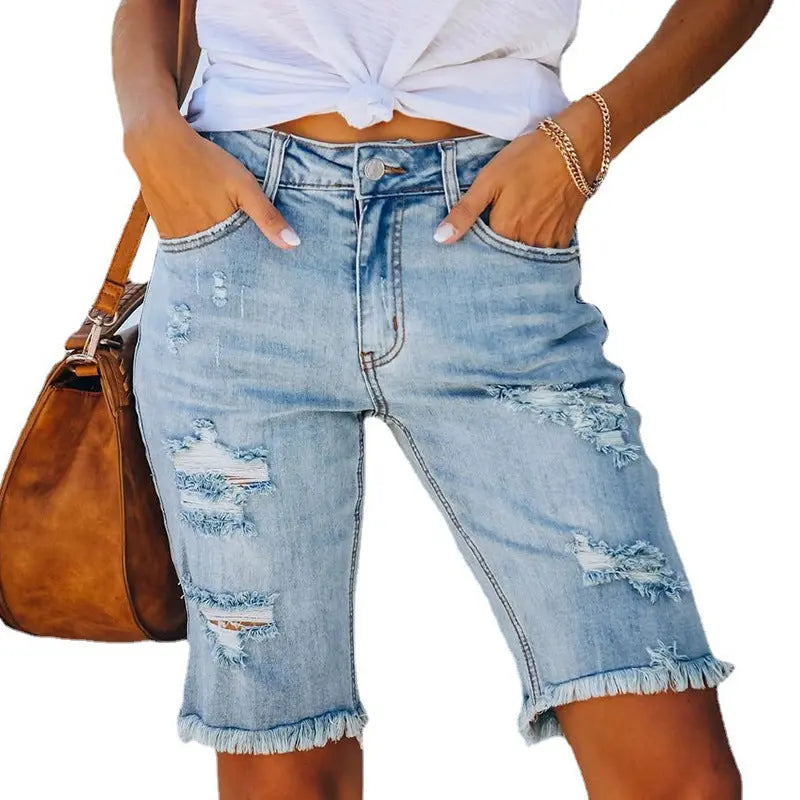 Fringed High Elasticity Mid-Waist Cropped Jeans with Ripped Holes - Nestled Hill