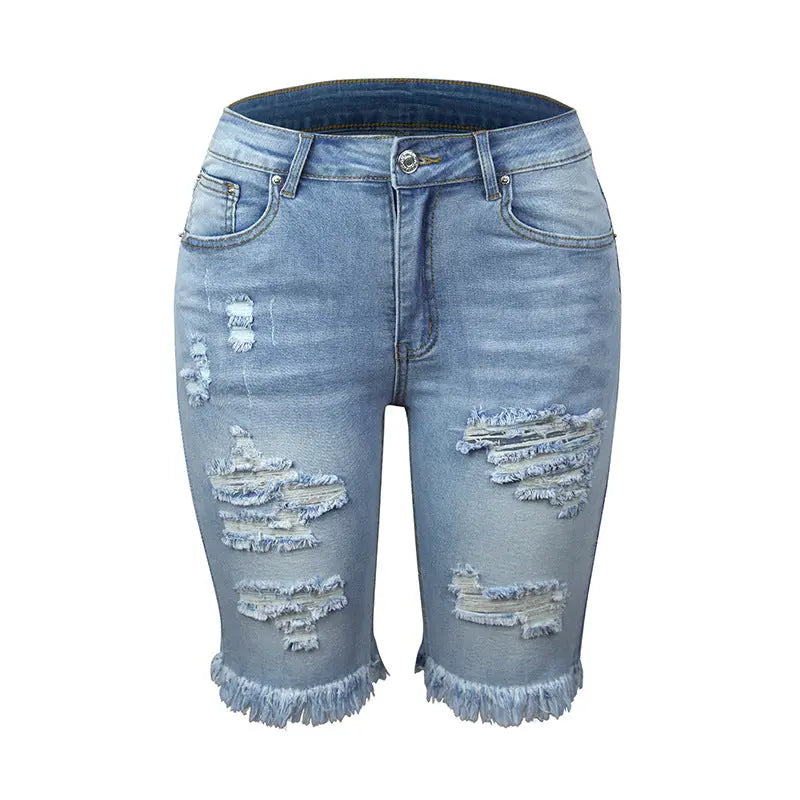 Fringed High Elasticity Mid-Waist Cropped Jeans with Ripped Holes - Nestled Hill