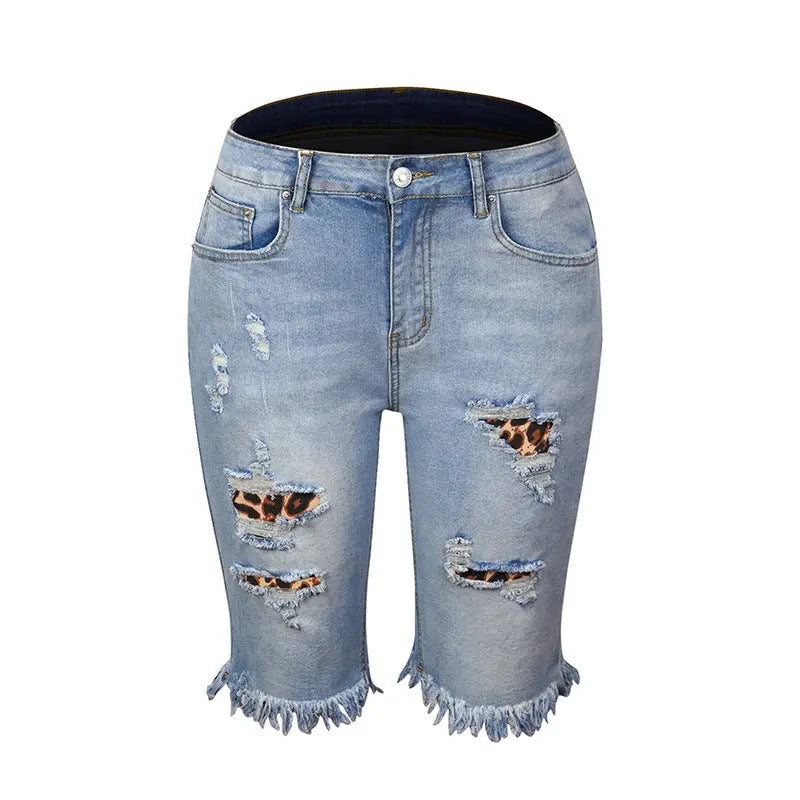 Fringed High Elasticity Mid-Waist Cropped Jeans with Ripped Holes - Nestled Hill