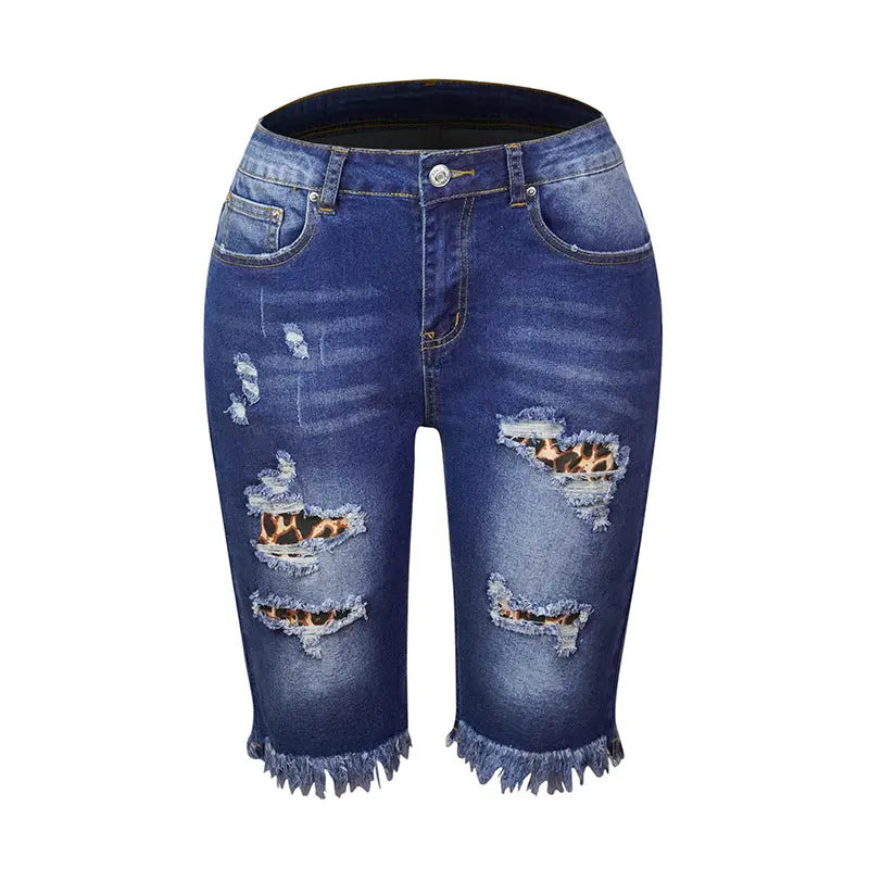 Fringed High Elasticity Mid-Waist Cropped Jeans with Ripped Holes - Nestled Hill