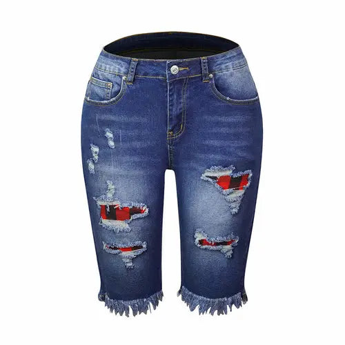 Fringed High Elasticity Mid-Waist Cropped Jeans with Ripped Holes - Nestled Hill