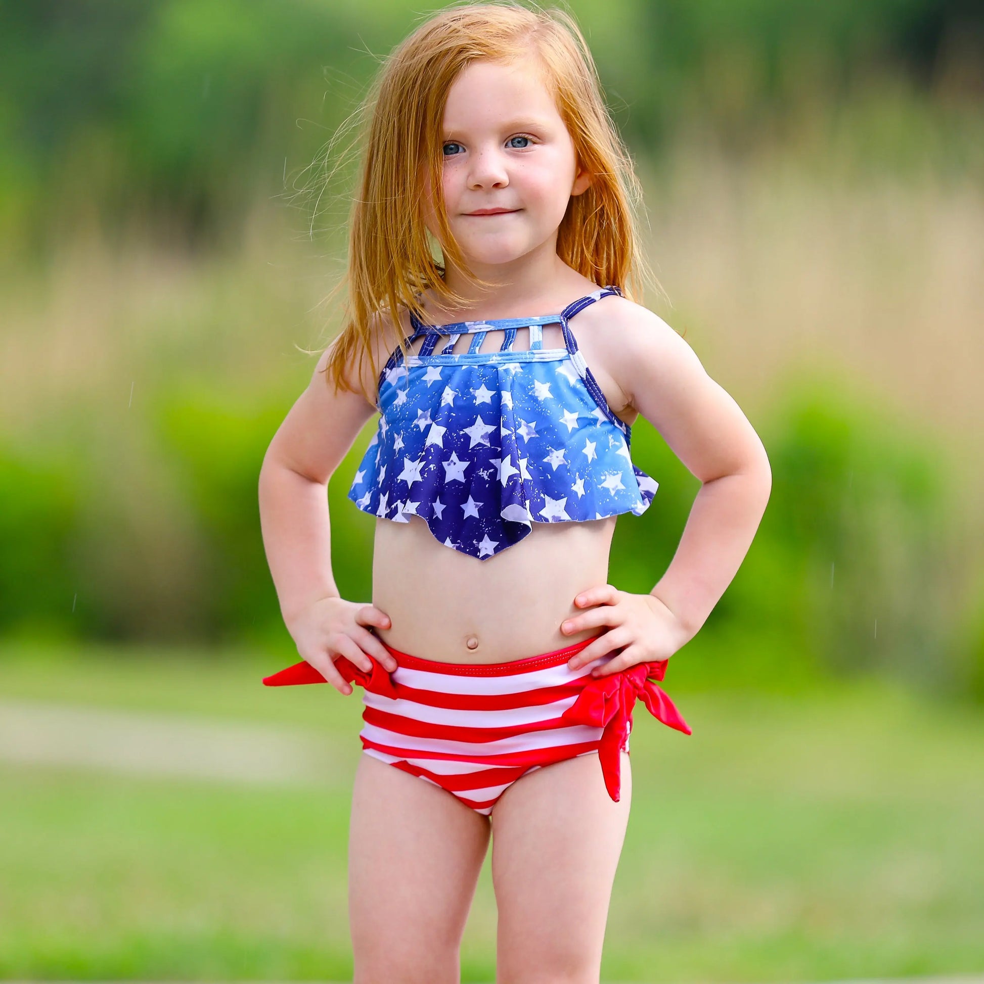 Girls 2 pc Patriotic Red White Blue Stars Stripes Tankini Swimsuit 4th Black Simba