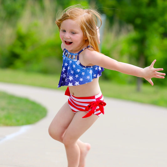 Girls 2 pc Patriotic Red White Blue Stars Stripes Tankini Swimsuit 4th Black Simba