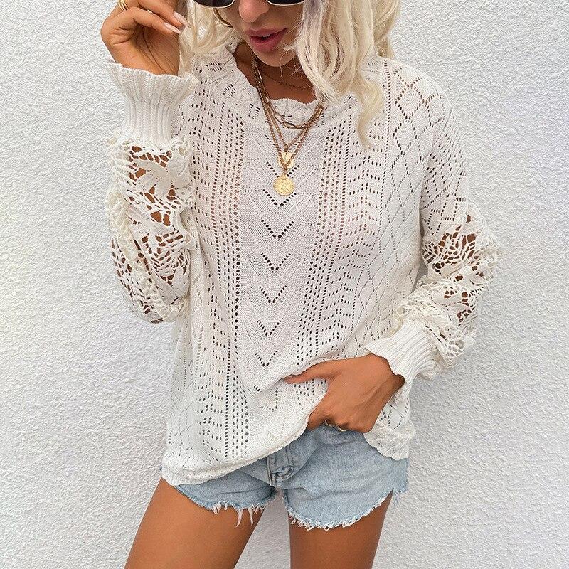 Hollow Out Lace Patchwork Pullover Oversized Knitted Sweater Silver Sam