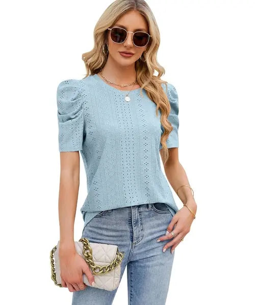 Hollowed Out Crew Neck Pleats Loose Top Silver Sam