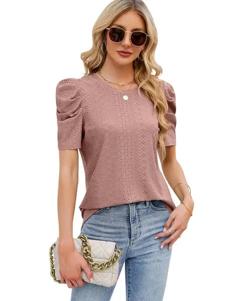 Hollowed Out Crew Neck Pleats Loose Top Silver Sam