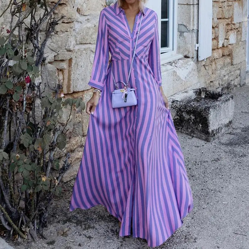 Long Sleeve Elegant Mid-Length Striped Dress. Silver Sam