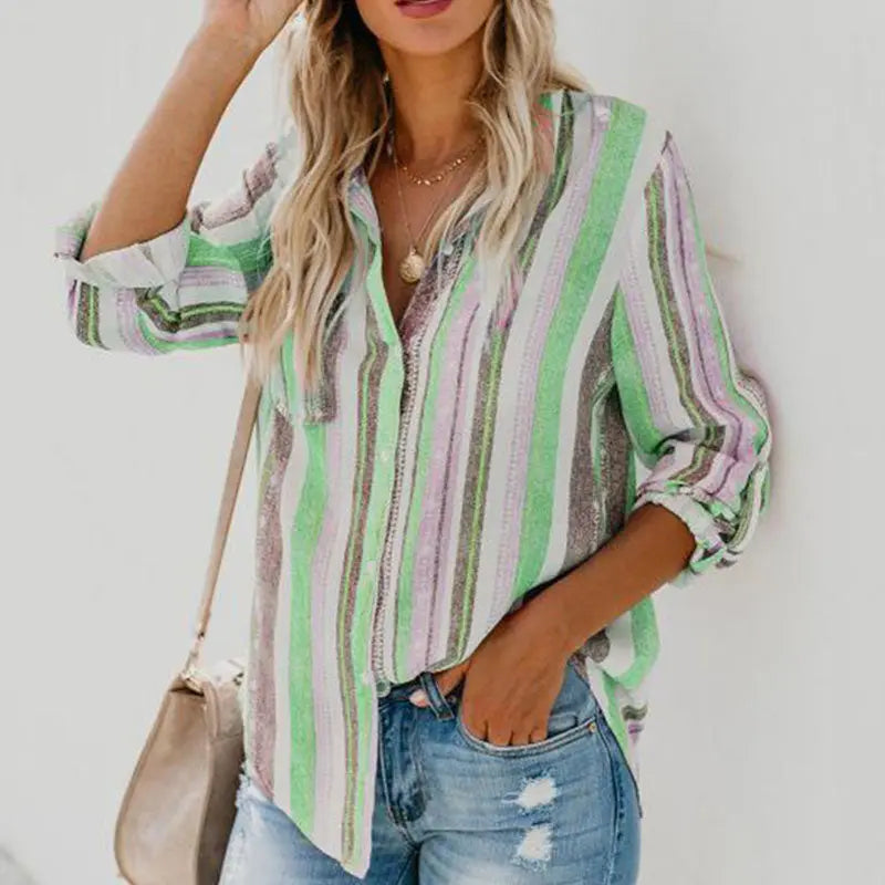 Long Sleeve Stripe Print Vintage Blouse Silver Sam