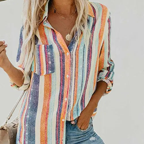 Long Sleeve Stripe Print Vintage Blouse Silver Sam