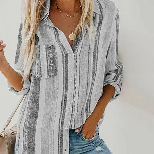 Long Sleeve Stripe Print Vintage Blouse Silver Sam