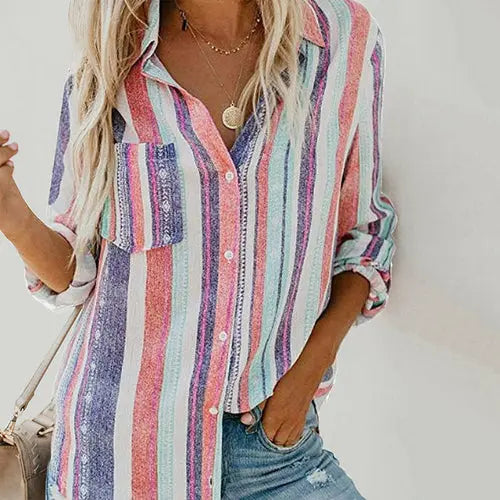 Long Sleeve Stripe Print Vintage Blouse Silver Sam