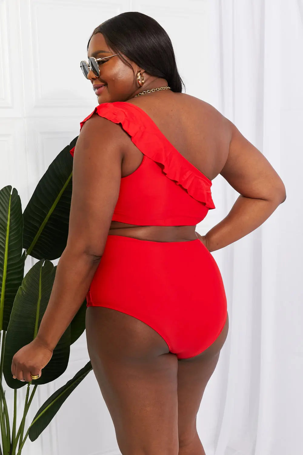 Marina West Swim Seaside Romance Ruffle One-Shoulder Bikini in Red - Nestled Hill