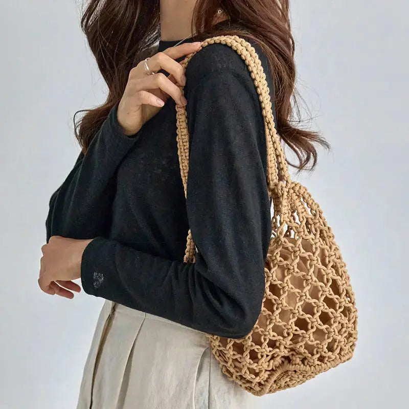 Mesh Rope Knitted Bucket Shoulder Bag Raspberry Eurybia