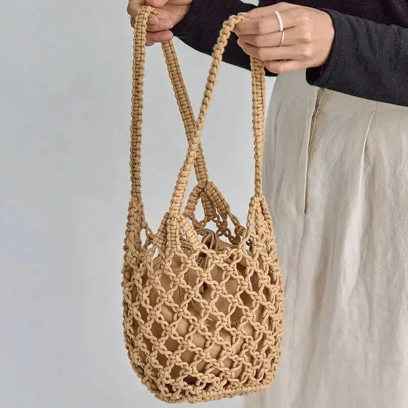 Mesh Rope Knitted Bucket Shoulder Bag Raspberry Eurybia