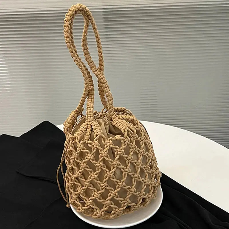 Mesh Rope Knitted Bucket Shoulder Bag Raspberry Eurybia