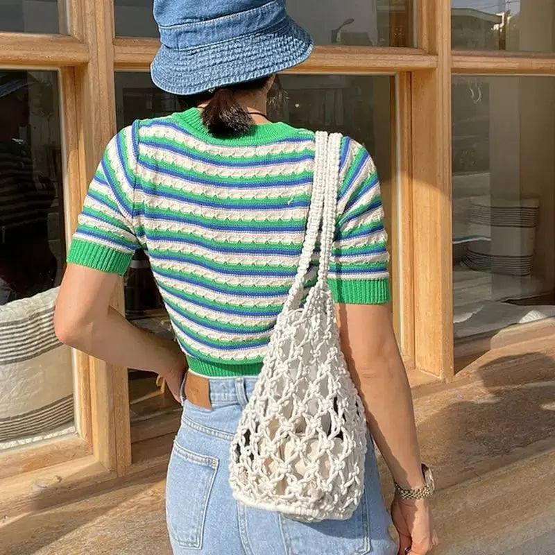 Mesh Rope Knitted Bucket Shoulder Bag Raspberry Eurybia