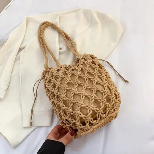 Mesh Rope Knitted Bucket Shoulder Bag Raspberry Eurybia