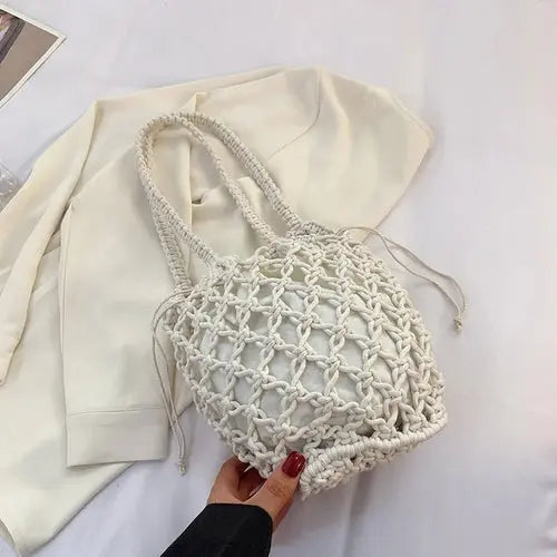 Mesh Rope Knitted Bucket Shoulder Bag Raspberry Eurybia