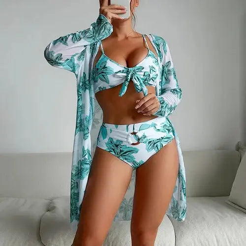 New Sexy 3 Pieces Swimsuit Women Flower Print Bikini Set+Long Shirt - Nestled Hill