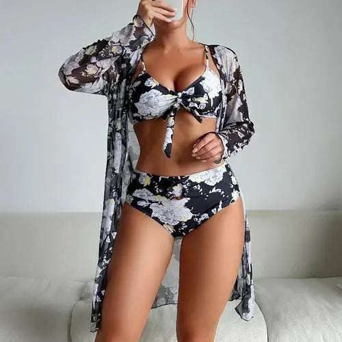 New Sexy 3 Pieces Swimsuit Women Flower Print Bikini Set+Long Shirt - Nestled Hill