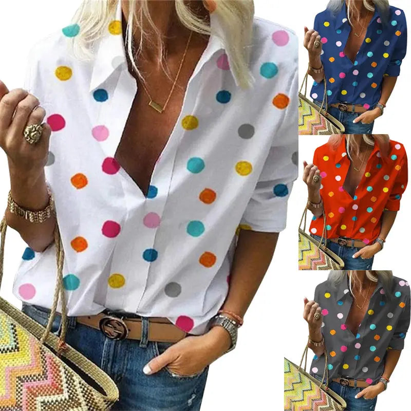 Polka Dot Blouse Women Turn Down Collar Long Sleeve  Shirts - Nestled Hill