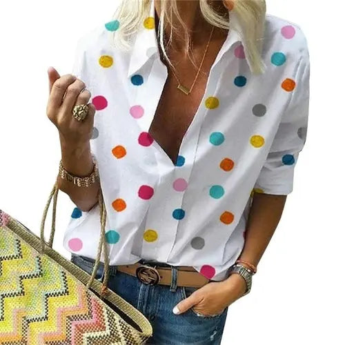 Polka Dot Blouse Women Turn Down Collar Long Sleeve  Shirts - Nestled Hill