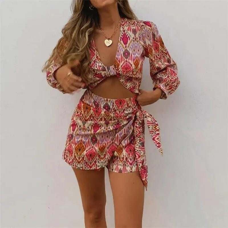 Print Skirt Shorts Woman Floral Top Long Sleeve Knot Crop Top Suits Silver Sam