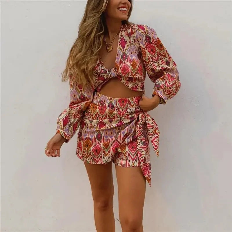 Print Skirt Shorts Woman Floral Top Long Sleeve Knot Crop Top Suits Silver Sam